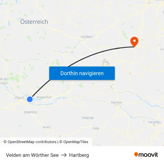 Velden am Wörther See to Hartberg map