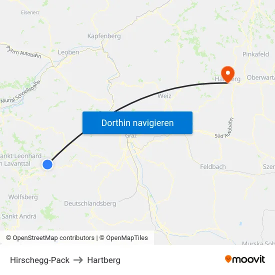 Hirschegg-Pack to Hartberg map