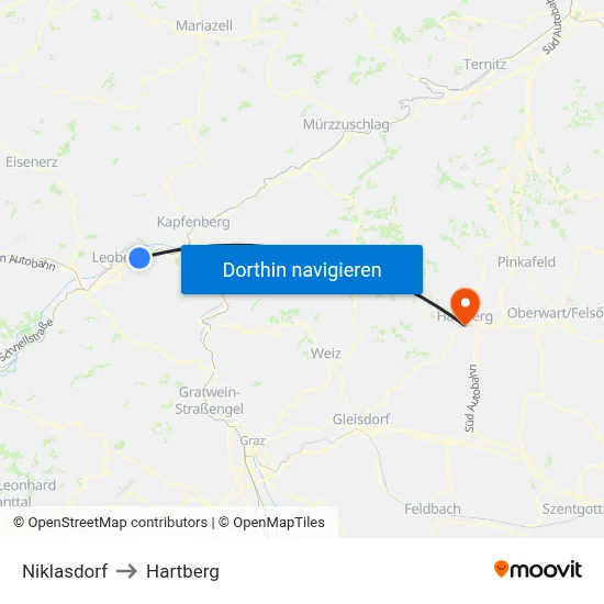 Niklasdorf to Hartberg map