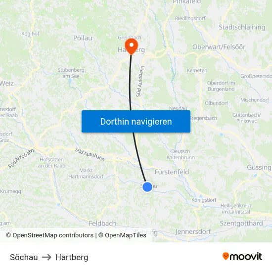 Söchau to Hartberg map