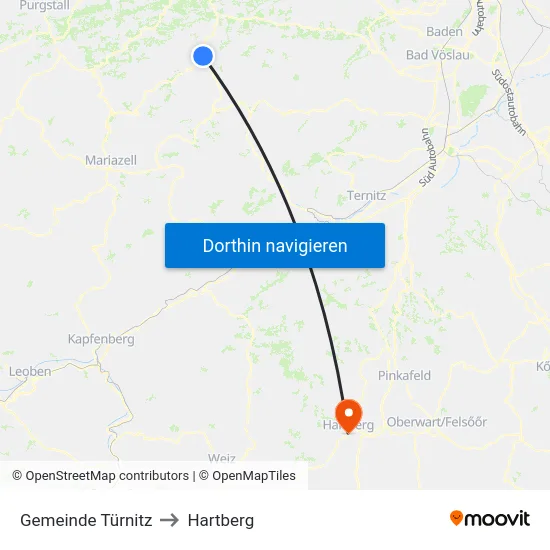 Gemeinde Türnitz to Hartberg map