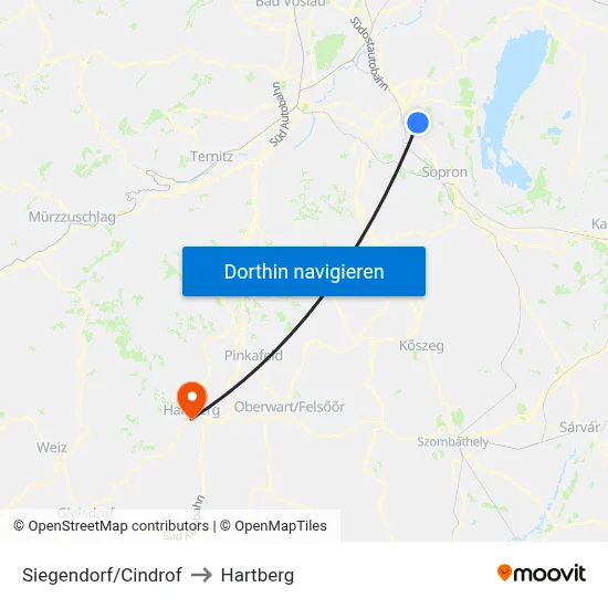 Siegendorf/Cindrof to Hartberg map
