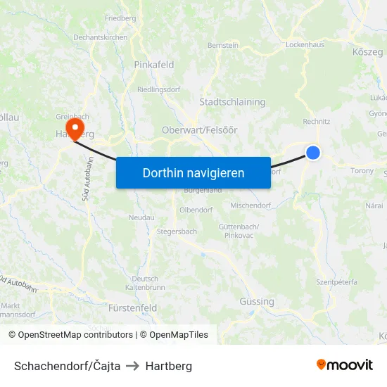 Schachendorf/Čajta to Hartberg map
