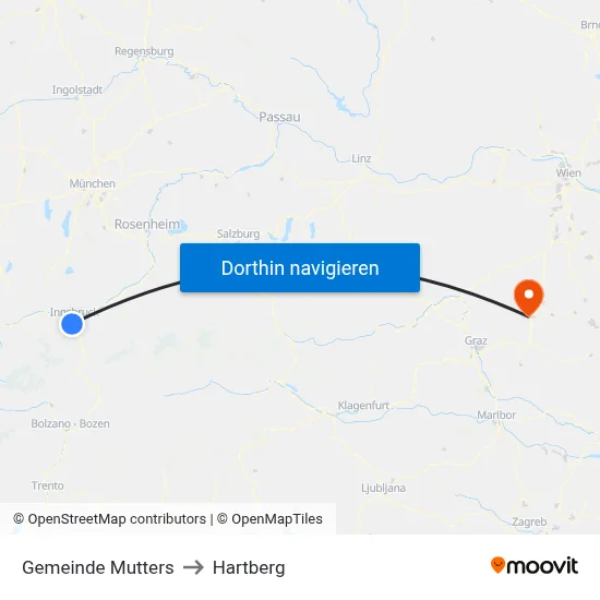 Gemeinde Mutters to Hartberg map