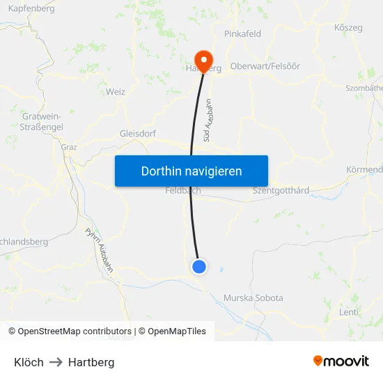 Klöch to Hartberg map