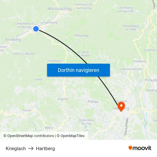 Krieglach to Hartberg map