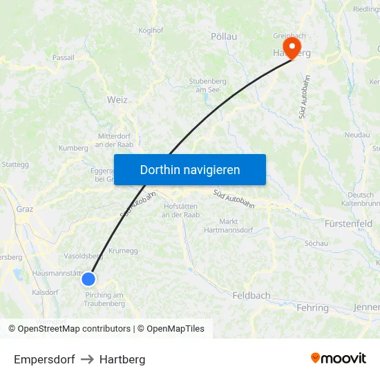 Empersdorf to Hartberg map