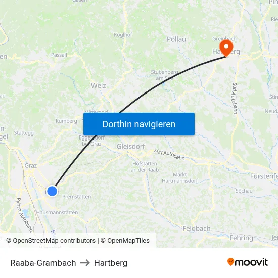 Raaba-Grambach to Hartberg map