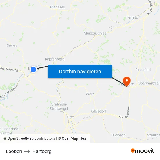 Leoben to Hartberg map