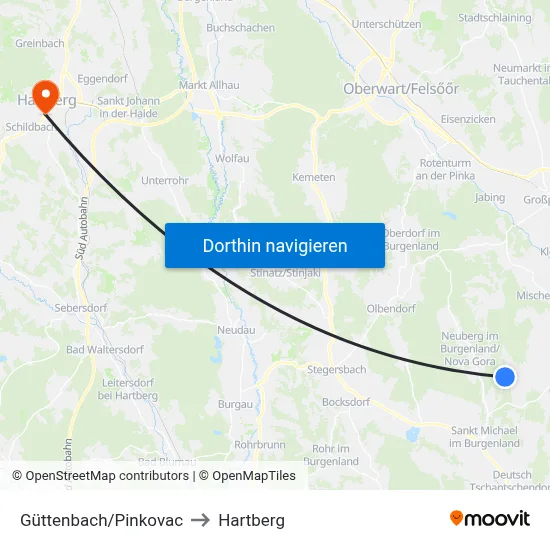 Güttenbach/Pinkovac to Hartberg map
