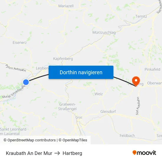 Kraubath An Der Mur to Hartberg map