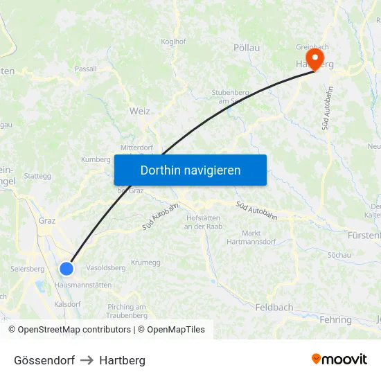 Gössendorf to Hartberg map