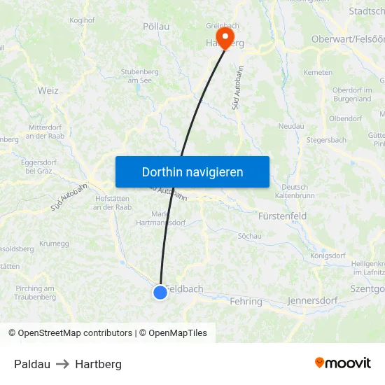 Paldau to Hartberg map