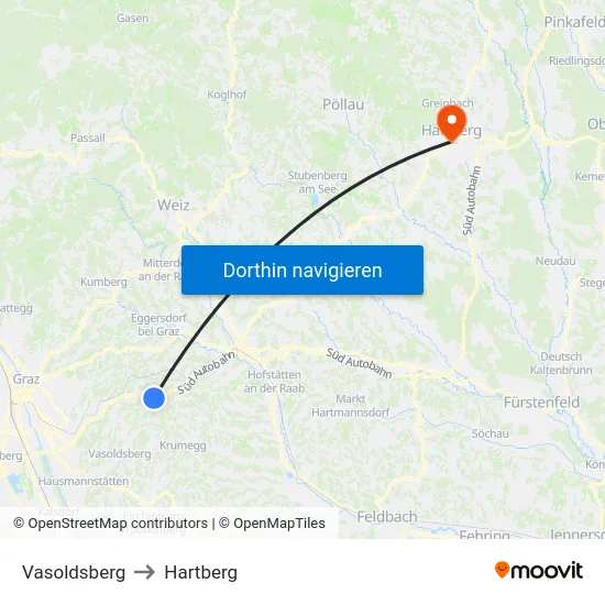 Vasoldsberg to Hartberg map
