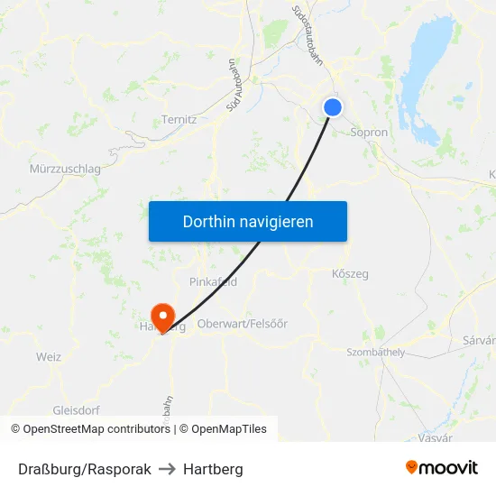 Draßburg/Rasporak to Hartberg map