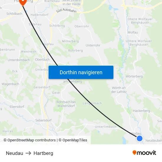 Neudau to Hartberg map