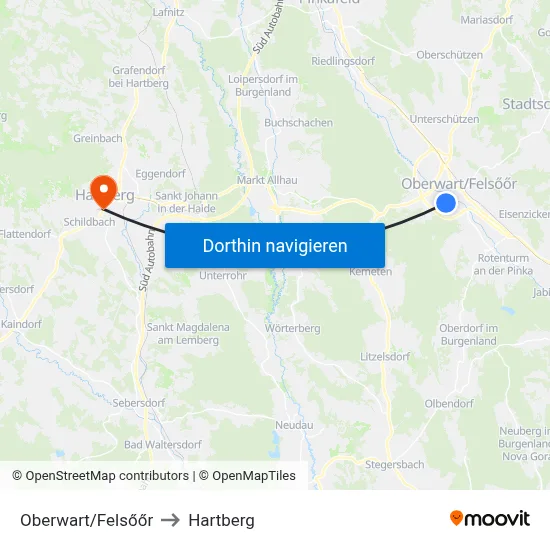 Oberwart/Felsőőr to Hartberg map