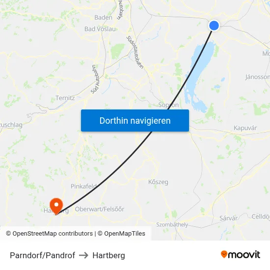 Parndorf/Pandrof to Hartberg map