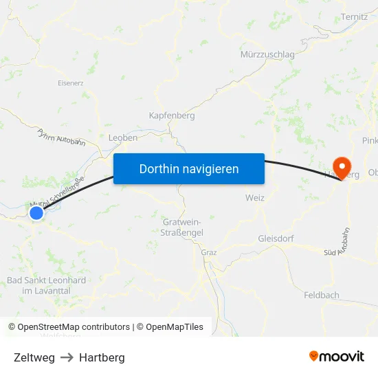 Zeltweg to Hartberg map