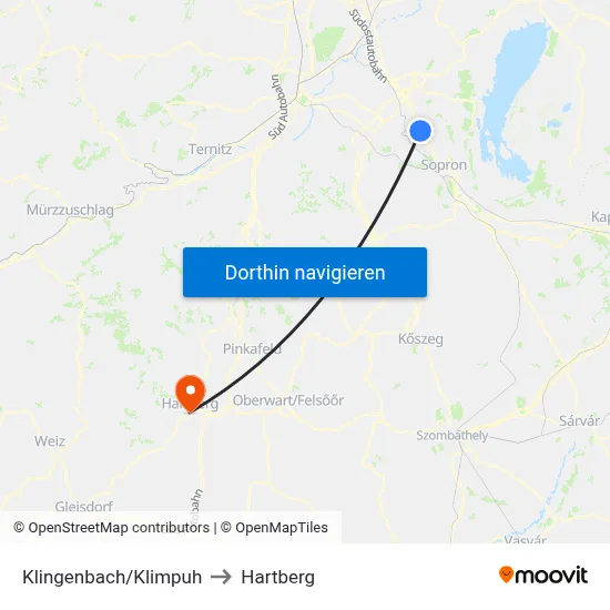 Klingenbach/Klimpuh to Hartberg map