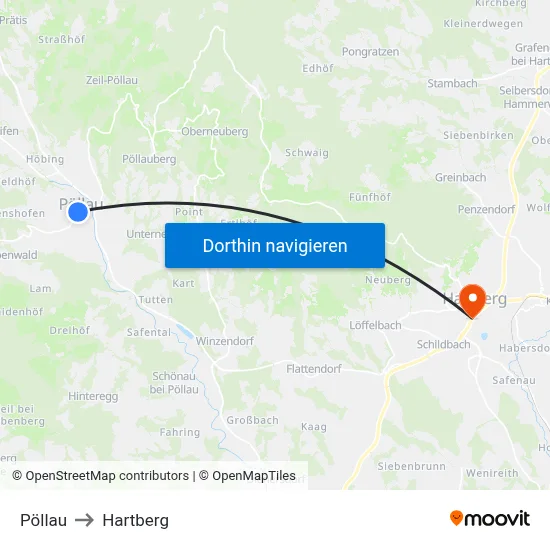 Pöllau to Hartberg map