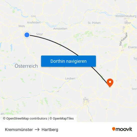 Kremsmünster to Hartberg map