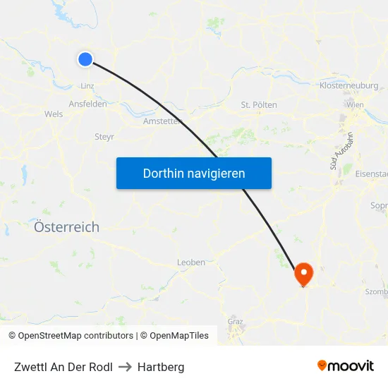 Zwettl An Der Rodl to Hartberg map