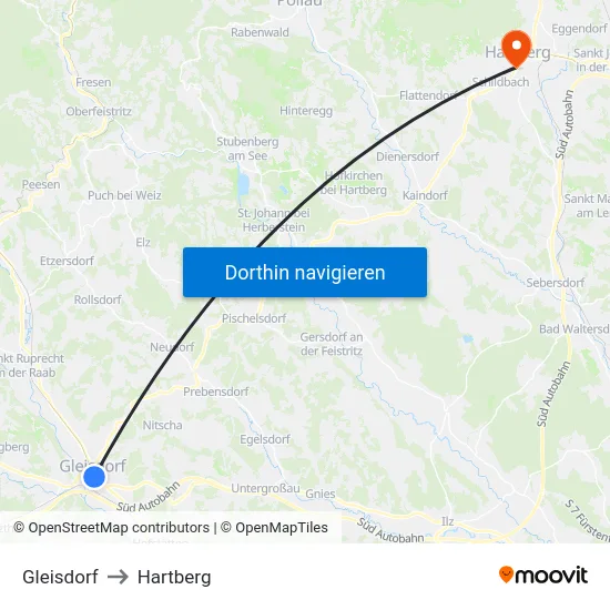 Gleisdorf to Hartberg map