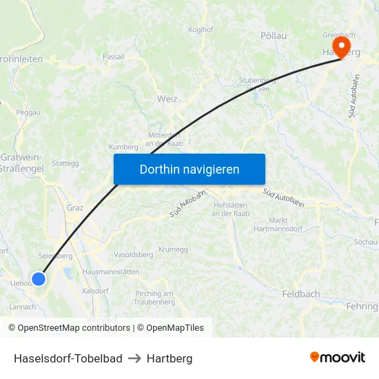 Haselsdorf-Tobelbad to Hartberg map