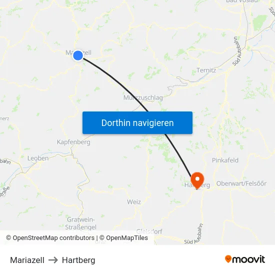 Mariazell to Hartberg map