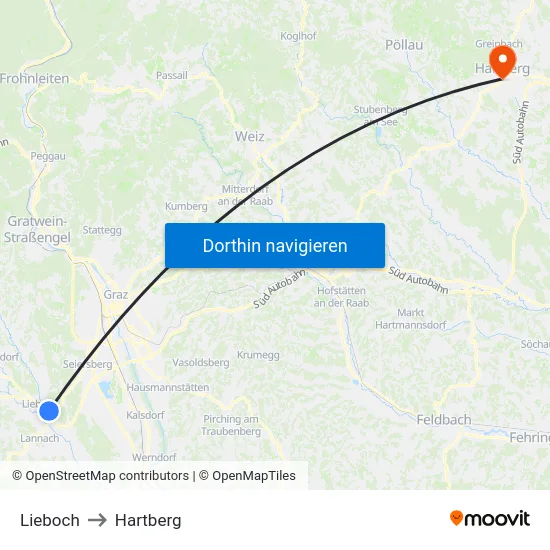 Lieboch to Hartberg map