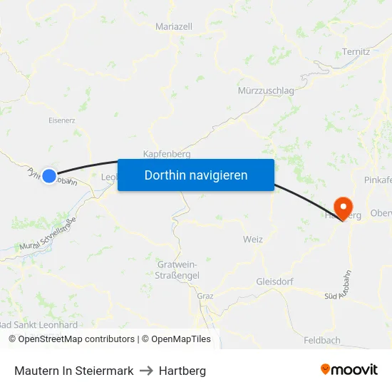 Mautern In Steiermark to Hartberg map
