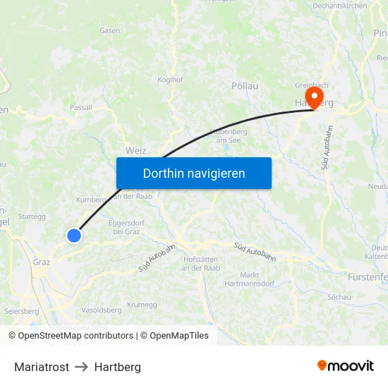 Mariatrost to Hartberg map