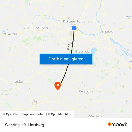 Währing to Hartberg map
