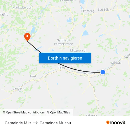 Gemeinde Mils to Gemeinde Musau map