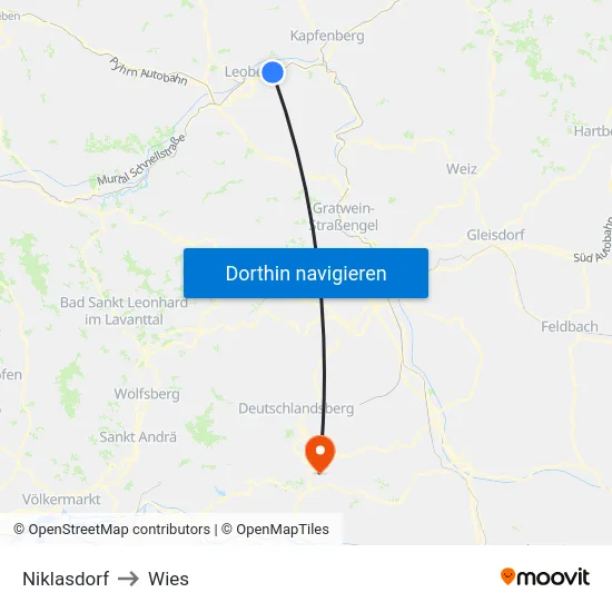 Niklasdorf to Wies map