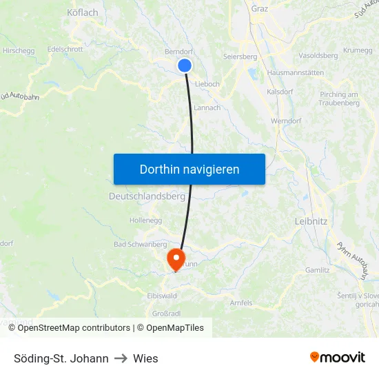 Söding-St. Johann to Wies map