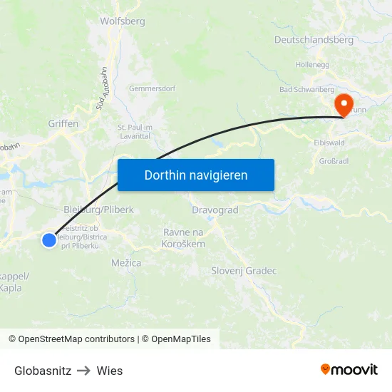 Globasnitz to Wies map