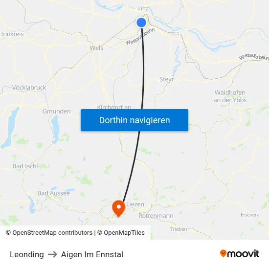 Leonding to Aigen Im Ennstal map
