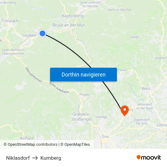 Niklasdorf to Kumberg map