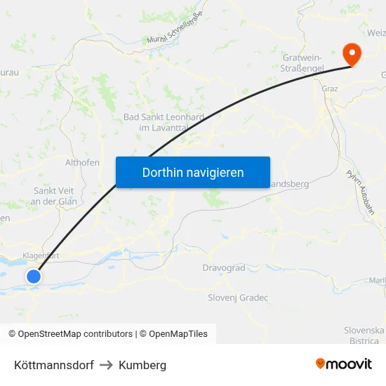 Köttmannsdorf to Kumberg map