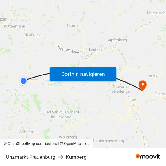 Unzmarkt-Frauenburg to Kumberg map