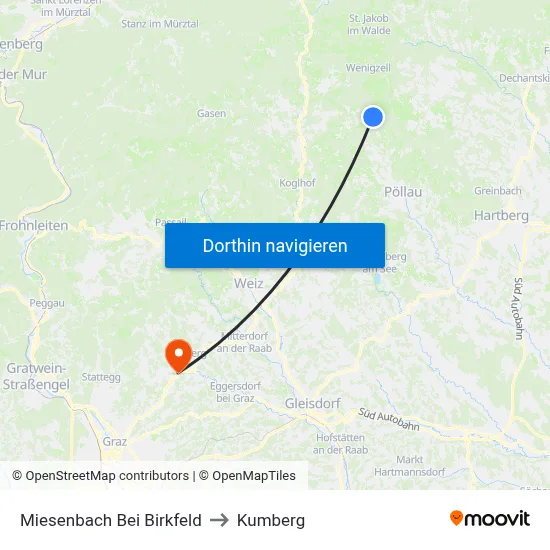 Miesenbach Bei Birkfeld to Kumberg map