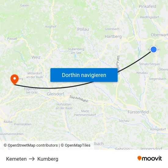 Kemeten to Kumberg map