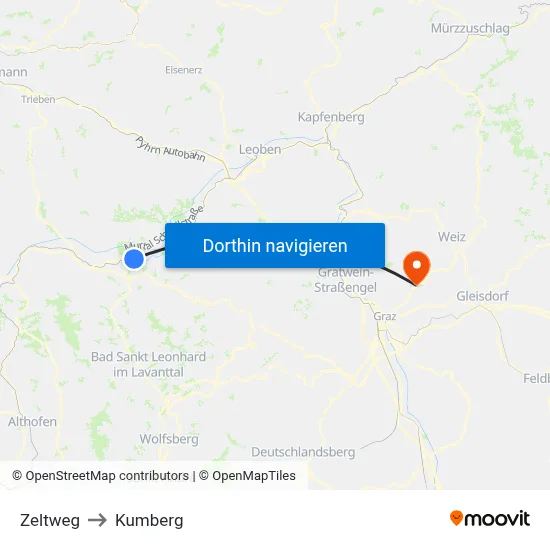 Zeltweg to Kumberg map