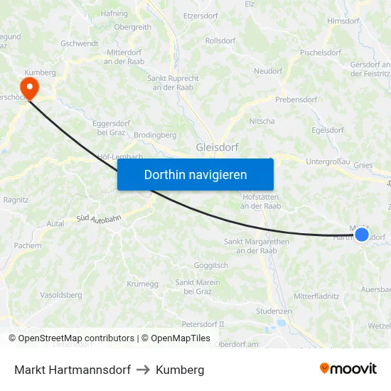 Markt Hartmannsdorf to Kumberg map