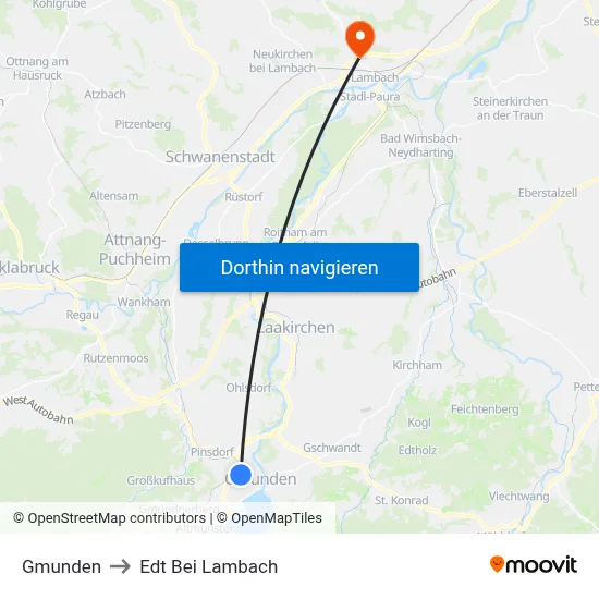 Gmunden to Edt Bei Lambach map