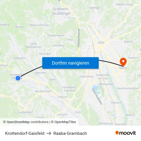 Krottendorf-Gaisfeld to Raaba-Grambach map