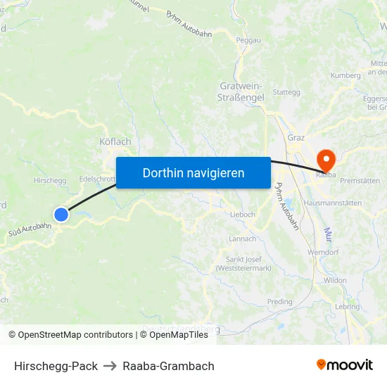 Hirschegg-Pack to Raaba-Grambach map