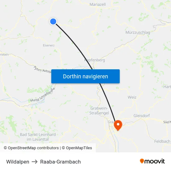 Wildalpen to Raaba-Grambach map